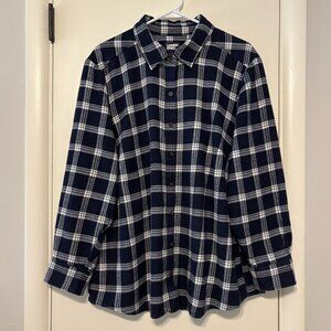 Lands' End Women’s Plus Blue Plaid Flannel Boyfriend Button-Front Shirt Top 2X